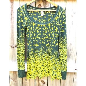 Free People Green and Yellow Long Sleeve Waffle Knit Shirt